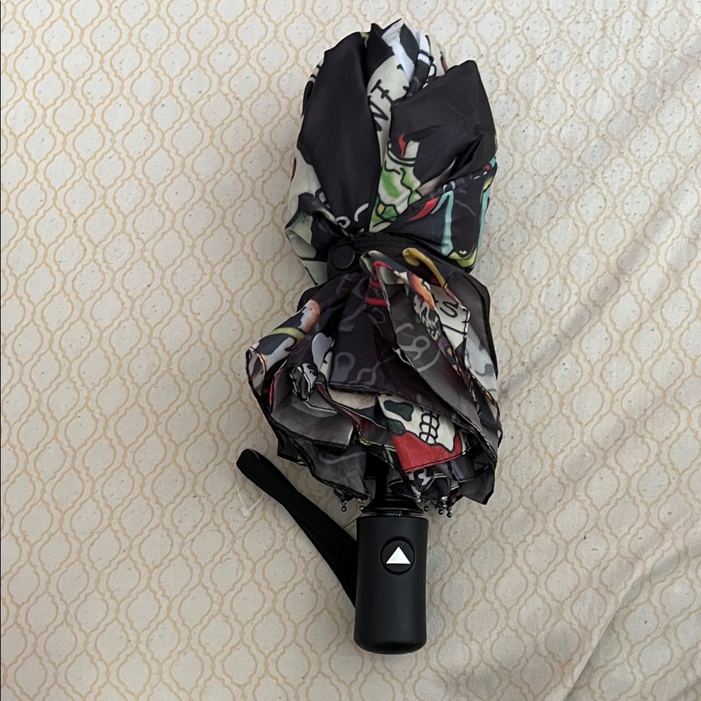 Ed Hardy Black Compact Umbrella with Multicolor Tattoo Print